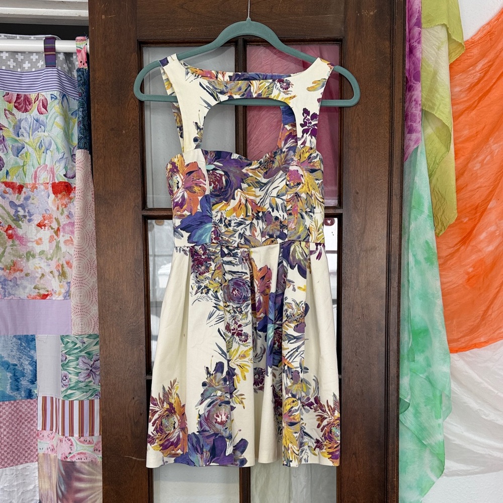 Cream Floral Cutout Fit-and-Flare Dress